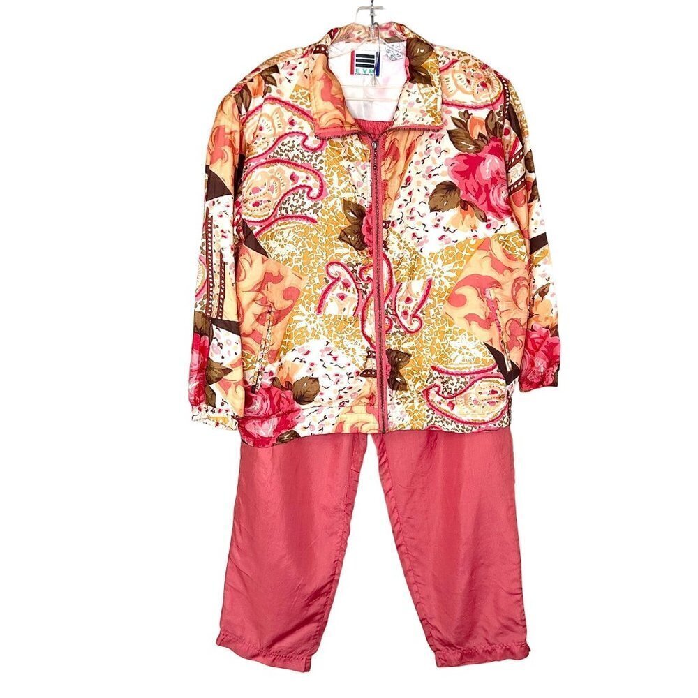 VINTAGE EVR DIV ROUSSO APPAREL GROUP SILK TRACK SUIT JACKET & PANTS - PETITE L